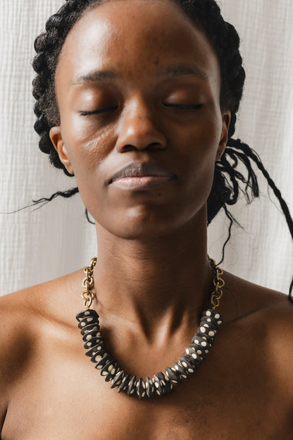 Zumba Necklace :: Black Cow Bone discs with white spots