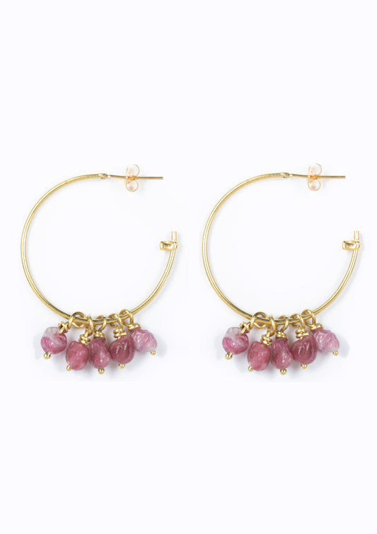 Beaded Island Hoops :: Pink Tourmaline Stones