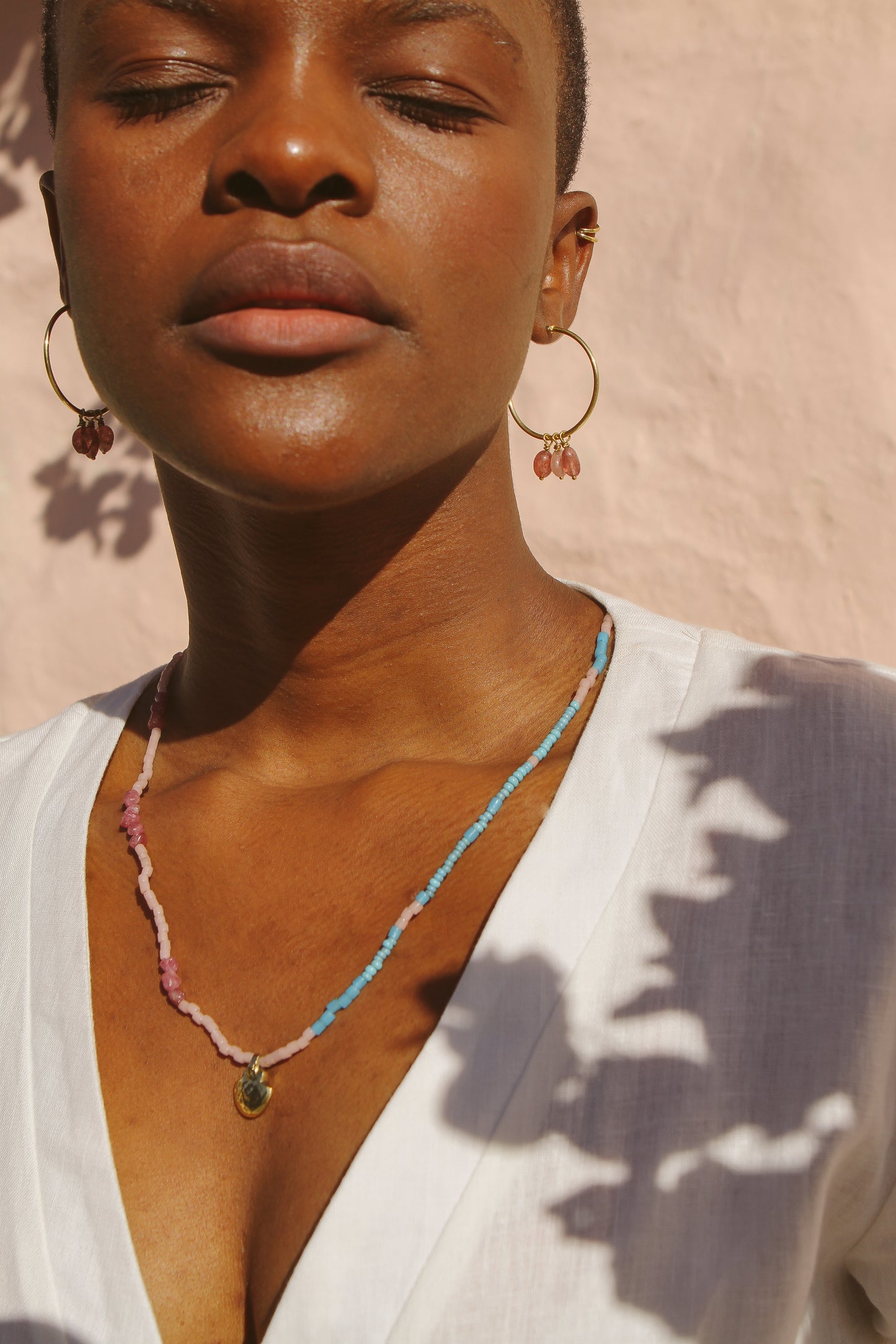 Beaded Island Hoops :: Pink Tourmaline Stones