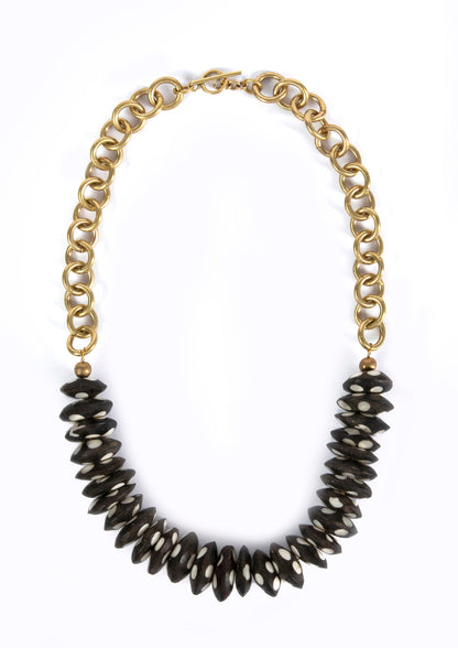 Zumba Necklace :: Black Cow Bone discs with white spots